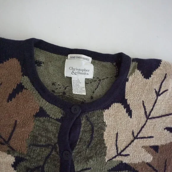 Vintage Christopher Banks Taupe Leaf Botanical Pattern Button Knit Cardigan L - Picture 4 of 10